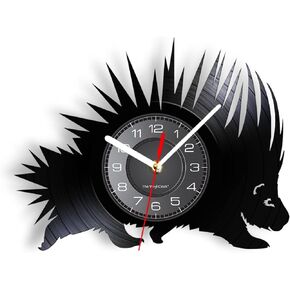 12 Inch Vinyl Record Clock Hedgehog Woodland Animal Silhouette Vinyl Record Wall Clock for Nursery Kid Bedroom Cut Out Music Album Silent Quartz Wall Clock for Vintage Room Decoration