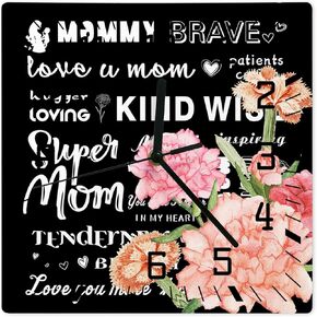 Wall ClockCarnation Flower Mother Baby Battery Operated Clocks Silent Non-Ticking WallClocksuper Mom Love Heart Black Square Wall Clocks for Living Room Bedroom Kitchen Office Home Decor