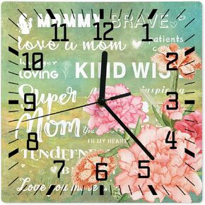Wall ClockCarnation Flower Mother Baby Battery Operated Clocks Silent Non-Ticking WallClocksuper Mom Kind Wise Square Wall Clocks for Living Room Bedroom Kitchen Office Bathroom Home Decor