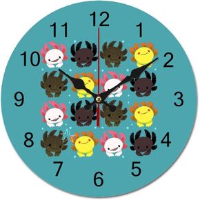 Colorful Baby Axolotl Wall Clock Silent Non-Ticking Wooden Round Clock for Bedroom Kitchen Office Decor 30 * 30cm