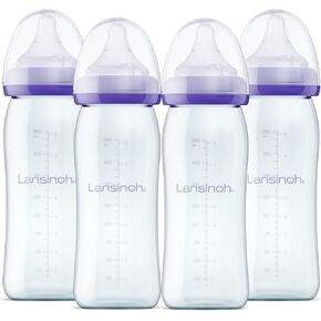 Lansinoh Anti-Colic Glass Baby Bottles for Breastfeeding Babies, 8 Ounces, 4 Count Bottles for Feeding, Baby Essentials, Includes 4 Medium Flow Nipples, Size M