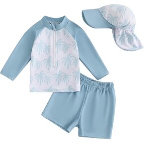 Toddlers and Baby Boys' 3-Piece Swimsuit Set Swimwear Bathing Suit Rash Guards with Hat UPF 50+