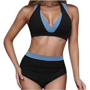 Tummy Control Color Block Swimsuit Two Piece Full Coverage High Waist Bottoms Beach Surf Sail Swimwear