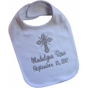 Funny Girl Designs Christening Bib for Babies Personalized and Embroidered Name and Baptism Date in Silver Thread