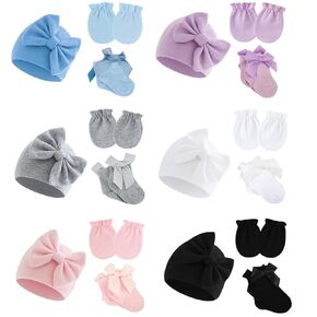 6 حزمة Preemie Hats Mittens and Socks مجموعة ، قبعات القوس من القطن حديثي الولادة ولا توجد جوارب خدش Preemie Mittens للرضع الطفلة New Born 0-6 أشهر