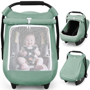 Rquite Car Seat Cover Baby, Carseat Covers Girl Boy, Breathable Muslin Cotton, Large Mesh Window, Infant Car Seat Canopy Baby Carrier Cover Stroller Sun Shade for Summer & Hot Day, Pink