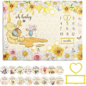 Winnie Milestone Blanket for Baby, the Pooh Babies Monthly Blanket, Winnie Quotes Baby Milestone Blankets, Newborn Photography Background Decor, with 8pcs Double-sided Printed Holiday Cardstock