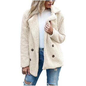 Winter Coats for Women Lapel Neck Button Sherpa Fleece Jacket Long Sleeve Teddy Faux Fur Coat with Pockets