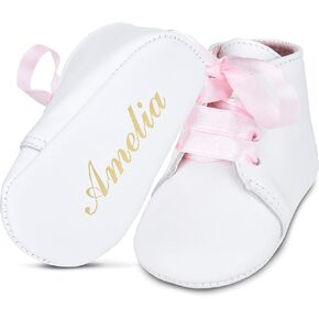 BabyShoe Personalized Baby Girl Christening Shoes – Baptism Gender Reveal Soft Newborn Pink Lace Up with Hand Embossed Name & Date - Special Occasion Church Shoes - Great for Gifts