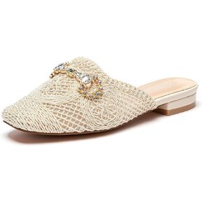 Lryweisy Women Weave Mules Comfortable Mesh Clogs with Glitter Rhinestones Buckle