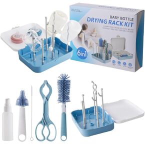 6 in 1 Baby Traveling Set Includes Straw Cleaner, Silicone Brush, Nipple Brush, Soap Dispenser, Drying Rack + Tray and Bottle Clip, Brush Washer, Newborn Essentials, Girl and Boy Gifts, Green