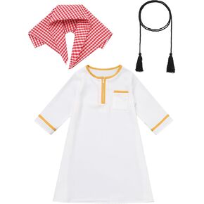 IDOPIP Muslim Baby Boys Prayer Clothes Kaftan Thobe Arabic Islamic Abaya Dubai Robe with Head Scarf + Rope Ramadan Eid Outfit