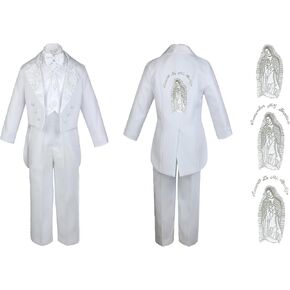 Baby Boy Kid Christening Baptism Church White Tail Suit Mary Maria on Back Sm-7