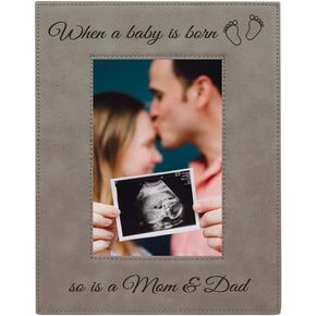 CustomGiftsNow When a Baby is Born so is a Mom & Dad Laser Engarved Faux Leather Grey Leatherette Wall Hanging/Tabletop 8x10 Vertical Picture Group Family New Grandchild Baby Photo Frame