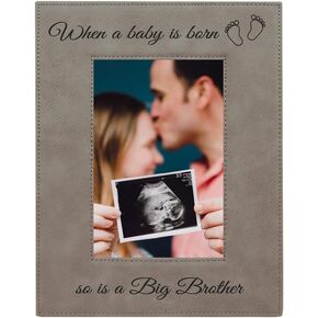 CustomGiftsNow When a Baby is Born so is a Big Brother Laser Engarved Faux Leather Grey Leatherette Wall Hanging/Tabletop 4x6 Vertical Picture Group Family New Grandchild Baby Photo Frame