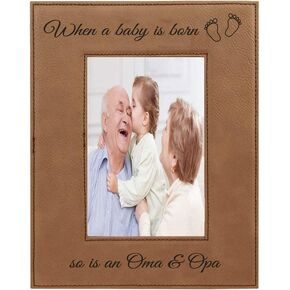 CustomGiftsNow When a Baby is Born so is an Oma & Opa Laser Engarved Faux Leather Dark Brown Leatherette Wall Hanging/Tabletop 5x7 Vertical Picture Group Family New Grandchild Baby Photo Frame