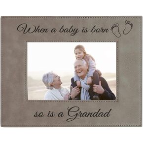 CustomGiftsNow When a Baby is Born so is a Gran dad Laser Engarved Faux Leather Grey Leatherette Wall Hanging/Tabletop 8x10 Landscape Picture Group Family New Grandchild Baby Photo Frame