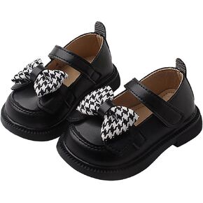 Baby Mary Jane Chunky Flat𝐬 Infant Platform Slip On Heel Leather Flat𝐬 Round Toe School Uniform Dress Shoes with Bow