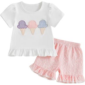 fhutpw Toddler Baby Girls Summer Clothes Smocked Short Sleeve T-Shirt Tops Ruffled Plaid Short Sets Cute Outfits 2Pcs
