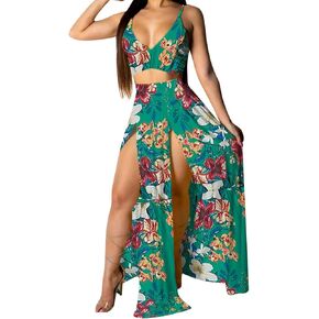 Women Sexy 2 Piece Outfits Dress Chiffon Deep V Neck Bra Crop Top Floral Printed High Split Maxi Dresses Skirt Set