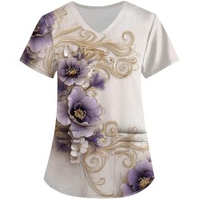 Scrub for Women Beautiful Floral Printed Plus Size Scrubs Tops Casual V Neck Short Sleeve Lightweight Uniforms