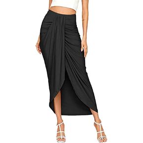 Women's High Low Wrap Maxi Skirts Sexy Side Split High Waist Midi Skirt Twist Front Asymmetrical Cover Up Skirts