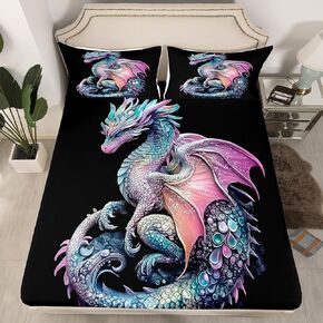 Erosebridal Cute Baby Dragon Bedding Set Diamond Dragon Egg Twin Fitted Sheet for Kids Boys Girls,Pearl Jewel Cartoon Animal Bed Sheets Teal Dreamy Wildlife Bed Cover