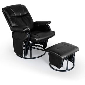 AODAILIHB Glider Chairs Rocking Chair with Ottoman 360° Swivel Chair PU Leather Upholstered Armchair Lounge Chair Sliding Chairs Set (Black)