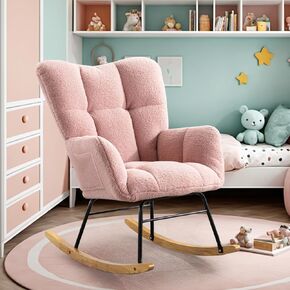كرسي Soarflash Rockery Crocking Teddy Fabric Glider Chairs منجد الروك روكير مع مسند الظهر المرتفع وساقين خشبية صلبة لحضانة غرفة معيشة غرفة نوم (وردي)