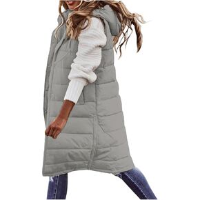 Womens Long Puffer Vest with Zipper Pockets Full Zip Sleeveless Quilted Vest Warm Down Padded Jacket with Hood