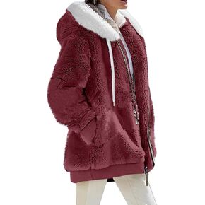 Winter Jackets for Women Full Zip Up Fuzzy Fleece Jacket Hooded Color Block Patchwork Cardigan Coats with Pockets in Saudi Arabia