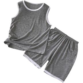 Baby Boys Summer Casual Vest Wear in Home Sleeveless Round Neck Solid Color and Matching Tops Short in Summer for Kids