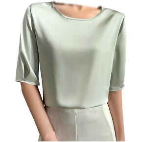 Women's Satin Blouse Dressy Casual Half Sleeve Silk Tops Crewneck Short Sleeve Business Office Work Shirt Tee Tshirt