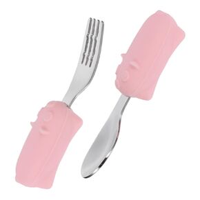 1 Set Stainless Steel Training Tableware Ergonomic Short Handle Spoon Fork for Independent Eating Smooth Safe Design for Boy Girl Pig Style