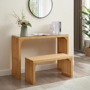 Pine Dining Bench and Table, Indoor Wood Bench for Entryway,Living Room,Kitchen and Bedroom Table and Bench Set (Nature, Bench & Table) Small Tempered Glass Included (STYLE2)