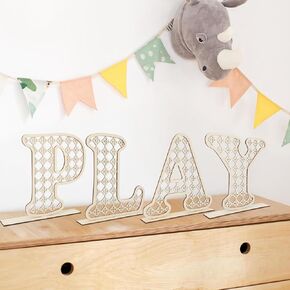 Play Sign - 12 in Wooden Rattan Letters Playroom Sign, Playroom Wall Decor for Toddler Girls Boys, Play Room Wall Decor for Kids Nursery Room Decorations (with Base)