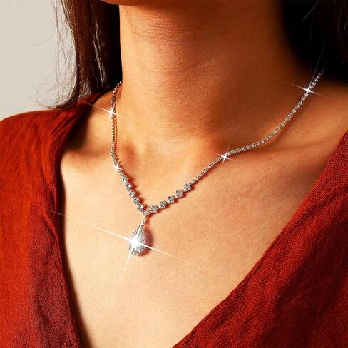 Unicra Bride Crystal Necklace Earrings Set Bridal Wedding Jewelry Sets Rhinestone Choker Necklace Prom Costume Jewelry Set for Women and Girls(3 piece set - 2 earrings and 1 necklace) in Kuwait