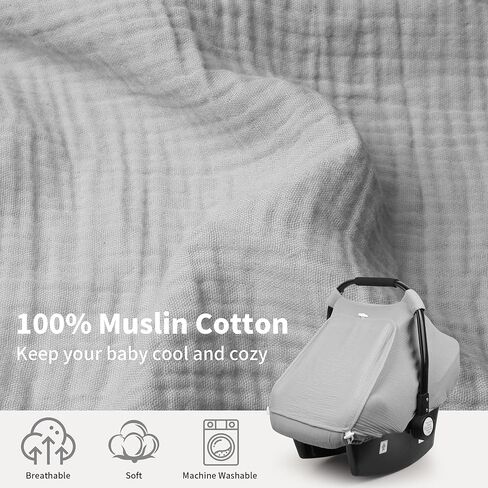 Rquite Car Seat Cover Baby, Carseat Covers Girl Boy, Breathable Muslin Cotton, Large Mesh Window, Infant Car Seat Canopy Baby Carrier Cover Stroller Sun Shade for Summer & Hot Day, Pink in Kuwait
