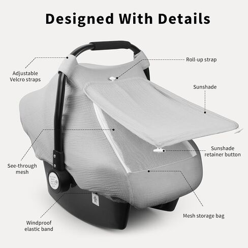 Rquite Car Seat Cover Baby, Carseat Covers Girl Boy, Breathable Muslin Cotton, Large Mesh Window, Infant Car Seat Canopy Baby Carrier Cover Stroller Sun Shade for Summer & Hot Day, Pink in Kuwait