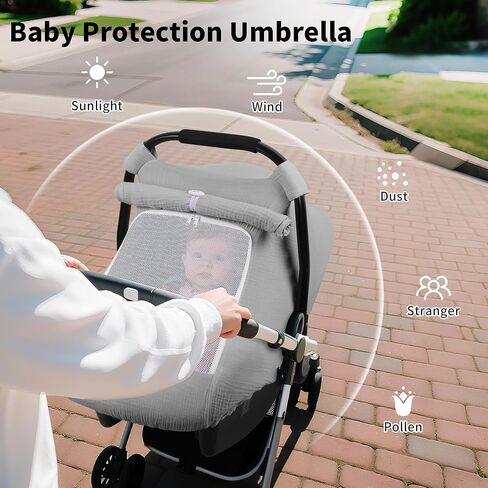 Rquite Car Seat Cover Baby, Carseat Covers Girl Boy, Breathable Muslin Cotton, Large Mesh Window, Infant Car Seat Canopy Baby Carrier Cover Stroller Sun Shade for Summer & Hot Day, Pink in Kuwait