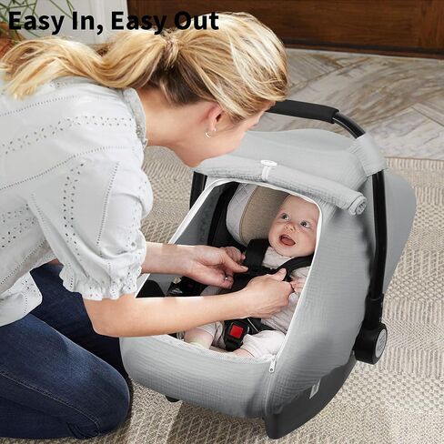 Rquite Car Seat Cover Baby, Carseat Covers Girl Boy, Breathable Muslin Cotton, Large Mesh Window, Infant Car Seat Canopy Baby Carrier Cover Stroller Sun Shade for Summer & Hot Day, Pink in Kuwait