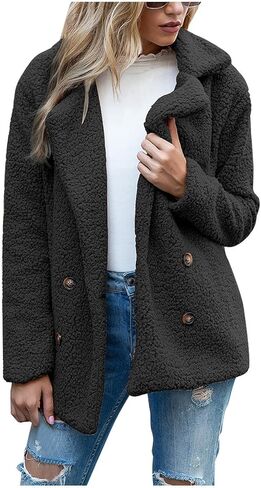 معاطف الشتاء للنساء زر صفراء الرقبة شيربا الصوف سترة طويلة الأكمام Teddy Faux Fur Coat مع جيوب in Kuwait