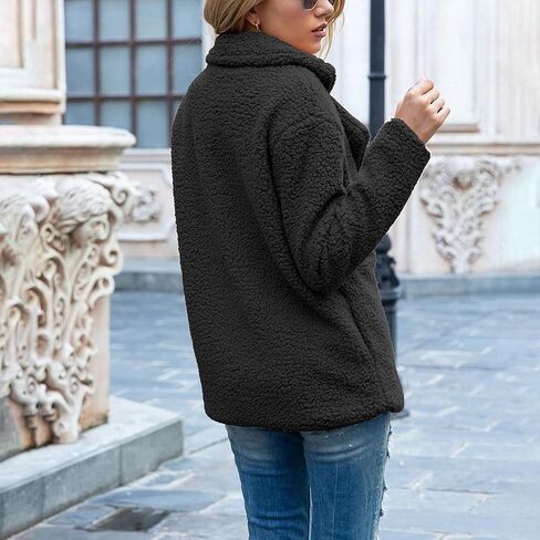 معاطف الشتاء للنساء زر صفراء الرقبة شيربا الصوف سترة طويلة الأكمام Teddy Faux Fur Coat مع جيوب in Kuwait