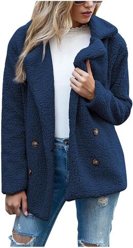 معاطف الشتاء للنساء زر صفراء الرقبة شيربا الصوف سترة طويلة الأكمام Teddy Faux Fur Coat مع جيوب in Kuwait