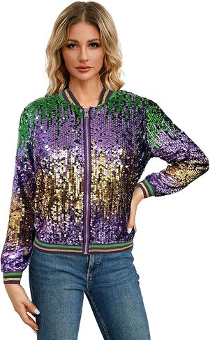 Heevina Mardi Gras Sequin Jackets For Women Sparkly Zipper Shiny Glitter Bomber Jacket Sparkly Tops Carnival 2025 in Saudi Arabia