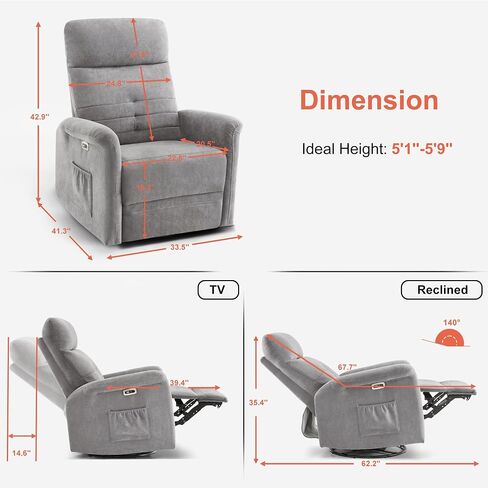 MCombo Power Swivel Glider Recliner Chair, Electric Rocker Recliner Chairs with USB Charging Ports for Living Room and Nursery, Fabric 7763 (Light Grey) in Kuwait