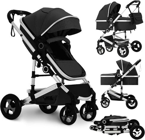 Convertible Baby Stroller, 3 in 1 Folding Infant Stroller, High Landscape Pushchair w/Adjustable Backrest & Canopy, Newborn Pram with Foot Cover, Storage Basket, Grey in Kuwait