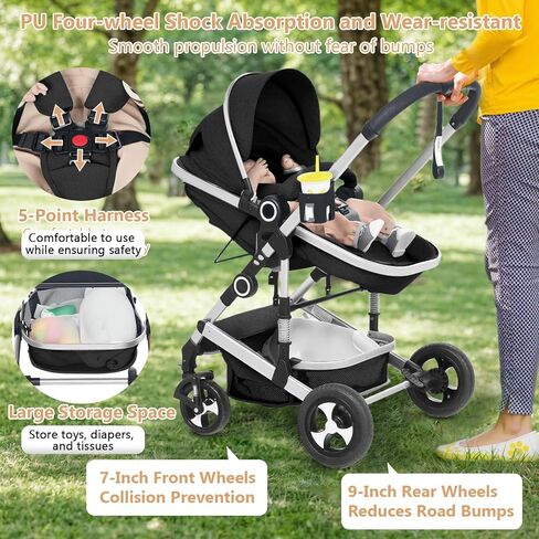 Convertible Baby Stroller, 3 in 1 Folding Infant Stroller, High Landscape Pushchair w/Adjustable Backrest & Canopy, Newborn Pram with Foot Cover, Storage Basket, Grey in Kuwait