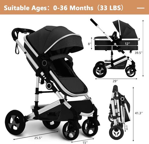 Convertible Baby Stroller, 3 in 1 Folding Infant Stroller, High Landscape Pushchair w/Adjustable Backrest & Canopy, Newborn Pram with Foot Cover, Storage Basket, Grey in Kuwait