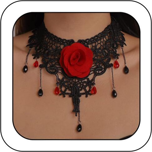 Kenfery Gothic Black Lace Choker Necklace Sexy Rose Flower Necklace Dainty Crystal Chram Pendant Collar Necklace Chic Prom Party Ball Nacklace for Women and Girls (Black) in Kuwait